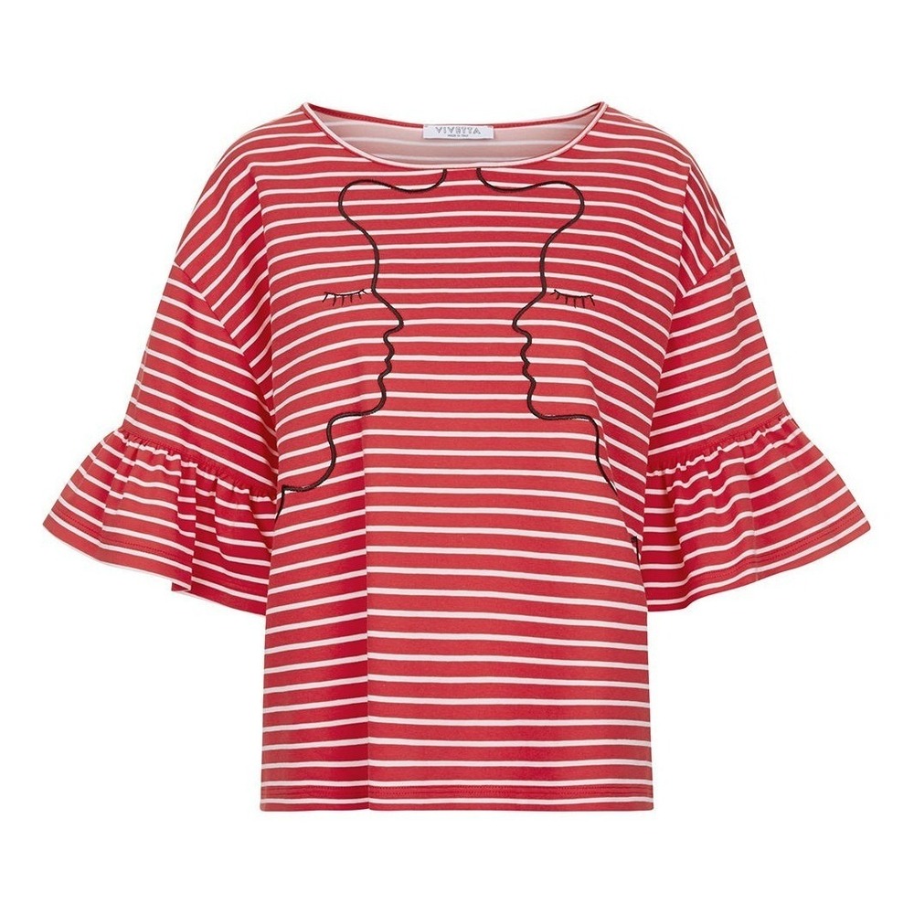 Vivetta Red White Striped Embroidered Face Ruffle Sleeve Cotton Top IT 38